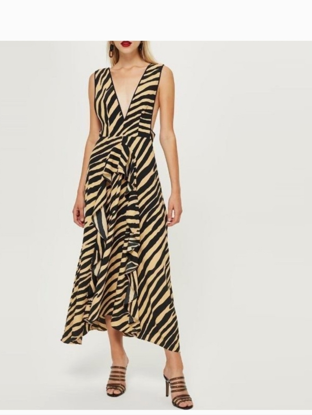 Topshop Zebra-Print High-Low V-Neck Dress in Black and Tan